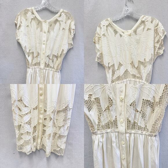 Lassy Doll white Rayon & crochet detail button up blouson midi dress size large - Picture 3 of 16